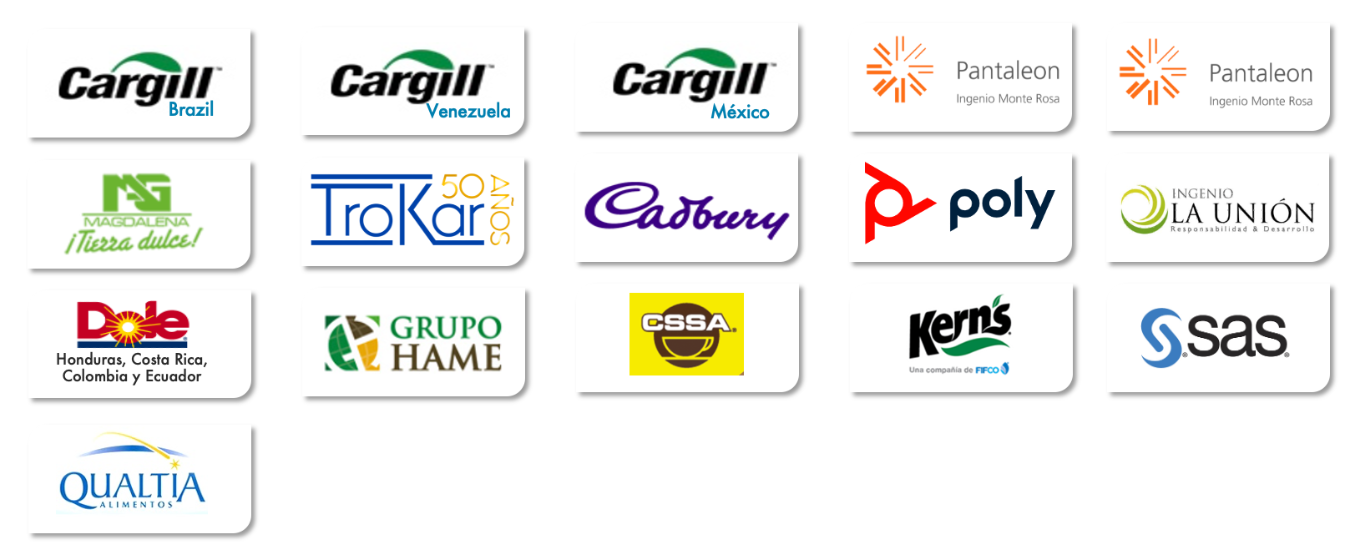 Clientes BiCon 2023 (Cargill, Pantaleón, Magdalena, Trokar, Cadbury, Poly, Ingenio La Unión, Dole, Qualtia)