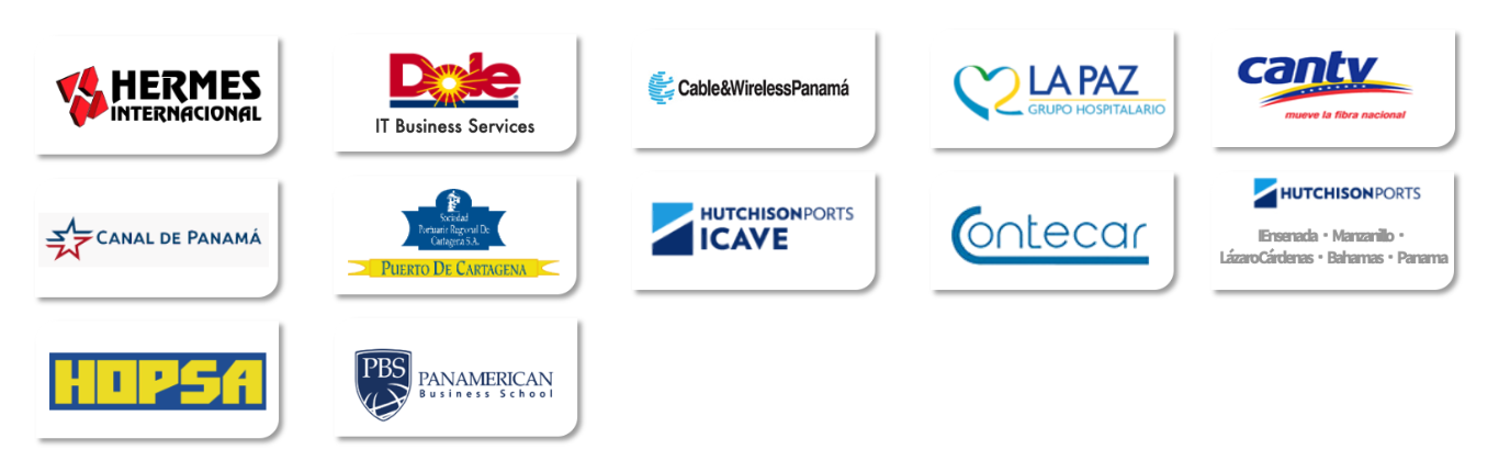 Clientes BiCon 2023 (Hermes Internacional, Dole, Cable & Wireless Panama, La Paz Grupo Hospitalario, CanTV, Canal de Panamá, Puerto de Cartagena, HutchisonPorts Icave, Contecar, Hopsa, Panamerican Business School)